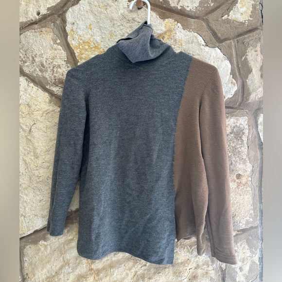 100% Wool Akris Punto Mock Neck Tan Gray Tunic Turtleneck Asymmetrical Sweater - Picture 2 of 6